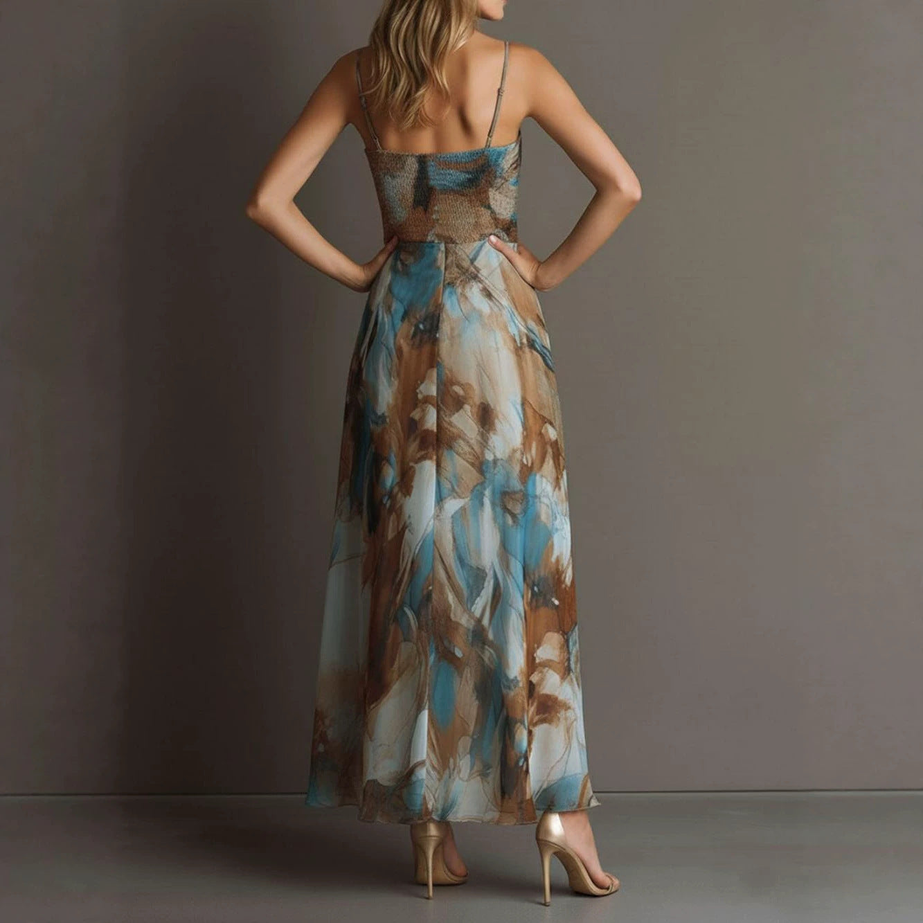 Floral Print Strap High Waist Flowy Maxi Dress – Sleeveless Beach Long Dress
