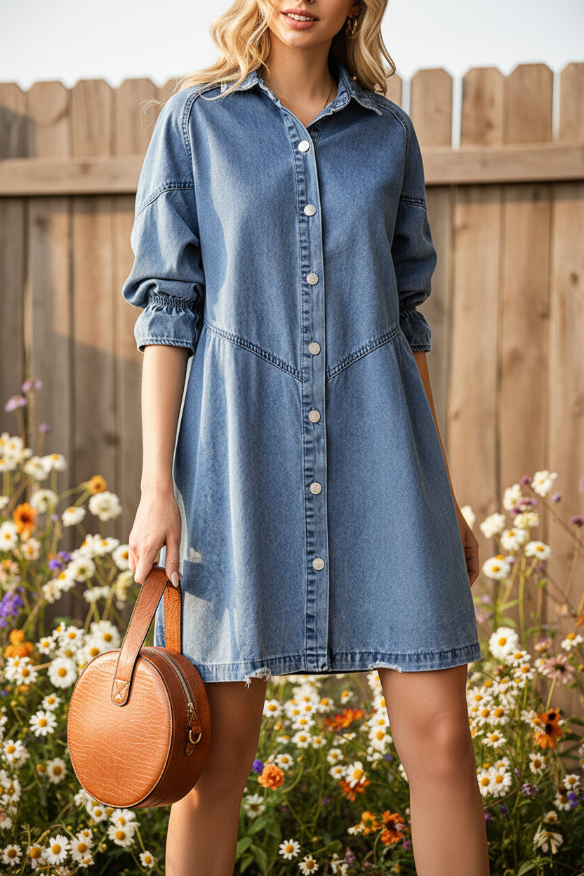 Women's Three-Quarter Sleeve Denim Dress – Ruffle Detail Mid-Length