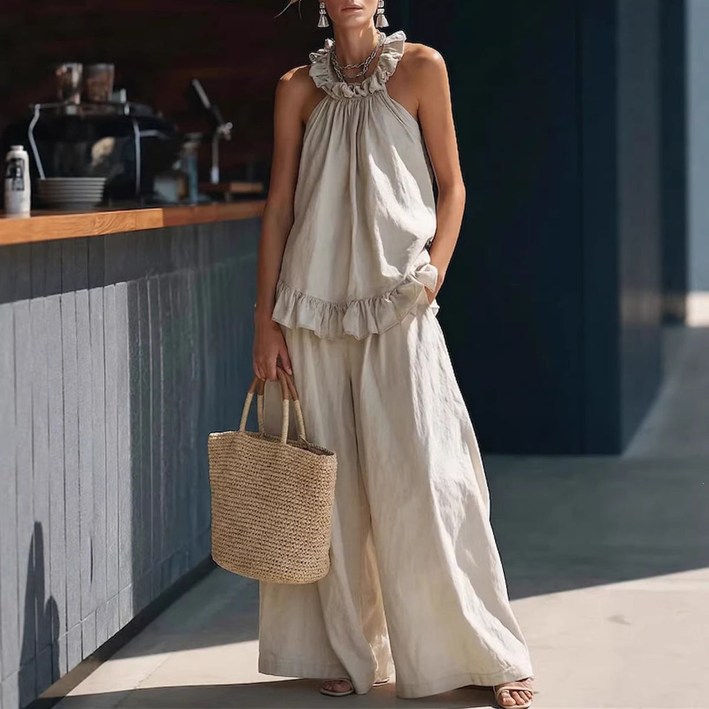 Halterneck Loose Two-Piece Set | Pleated Asymmetric Pocket Set