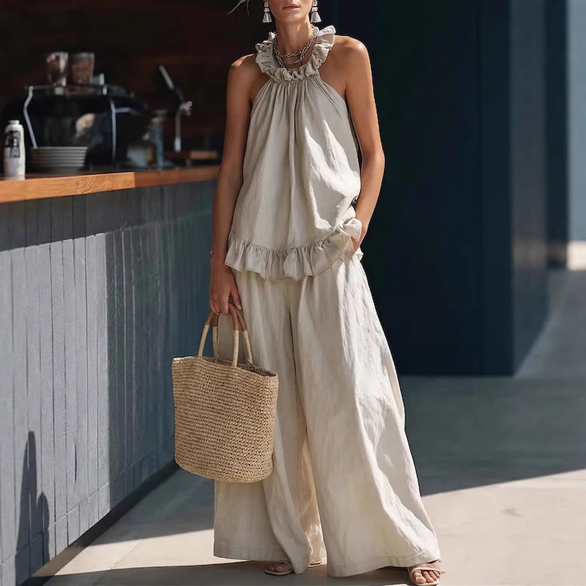 Halterneck Loose Two-Piece Set | Pleated Asymmetric Pocket Set