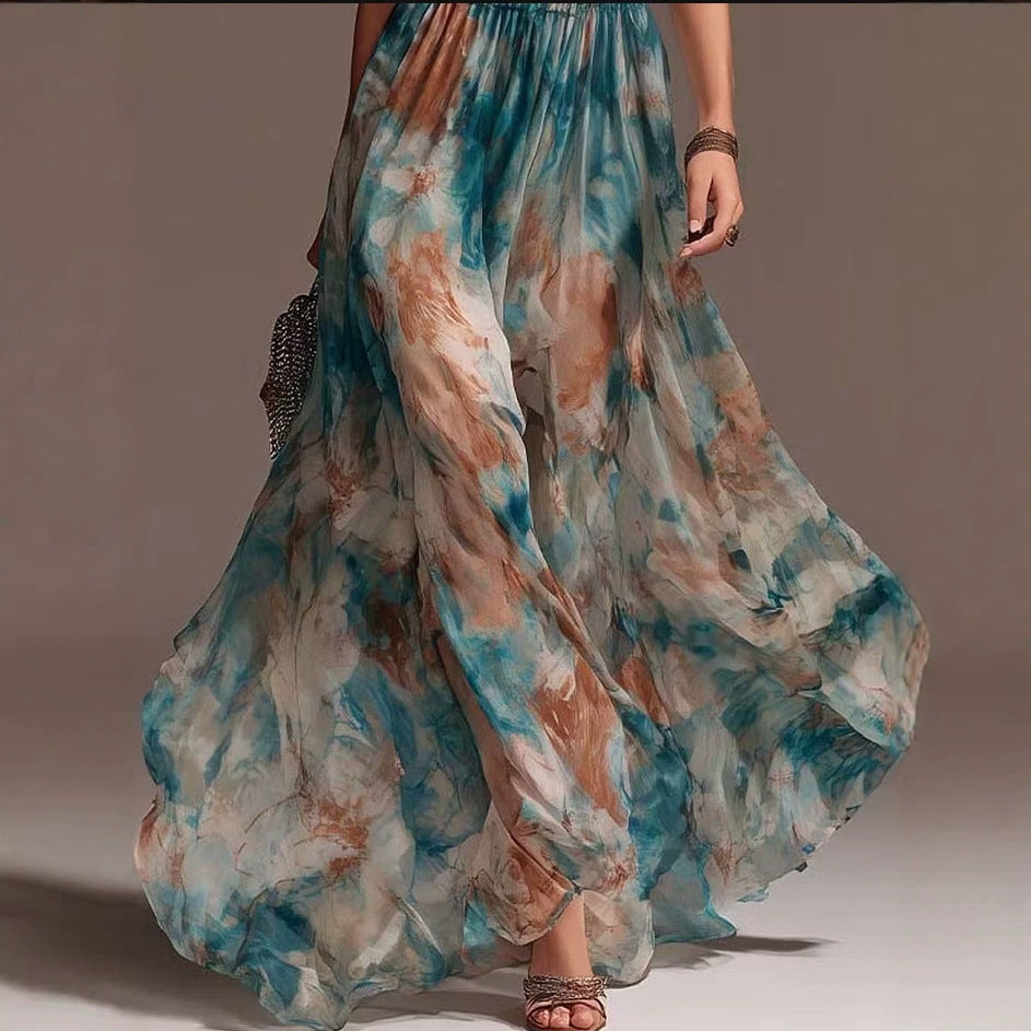 Women's Halter Neck Backless Ink Print Maxi Dress | Vacation Long Dress