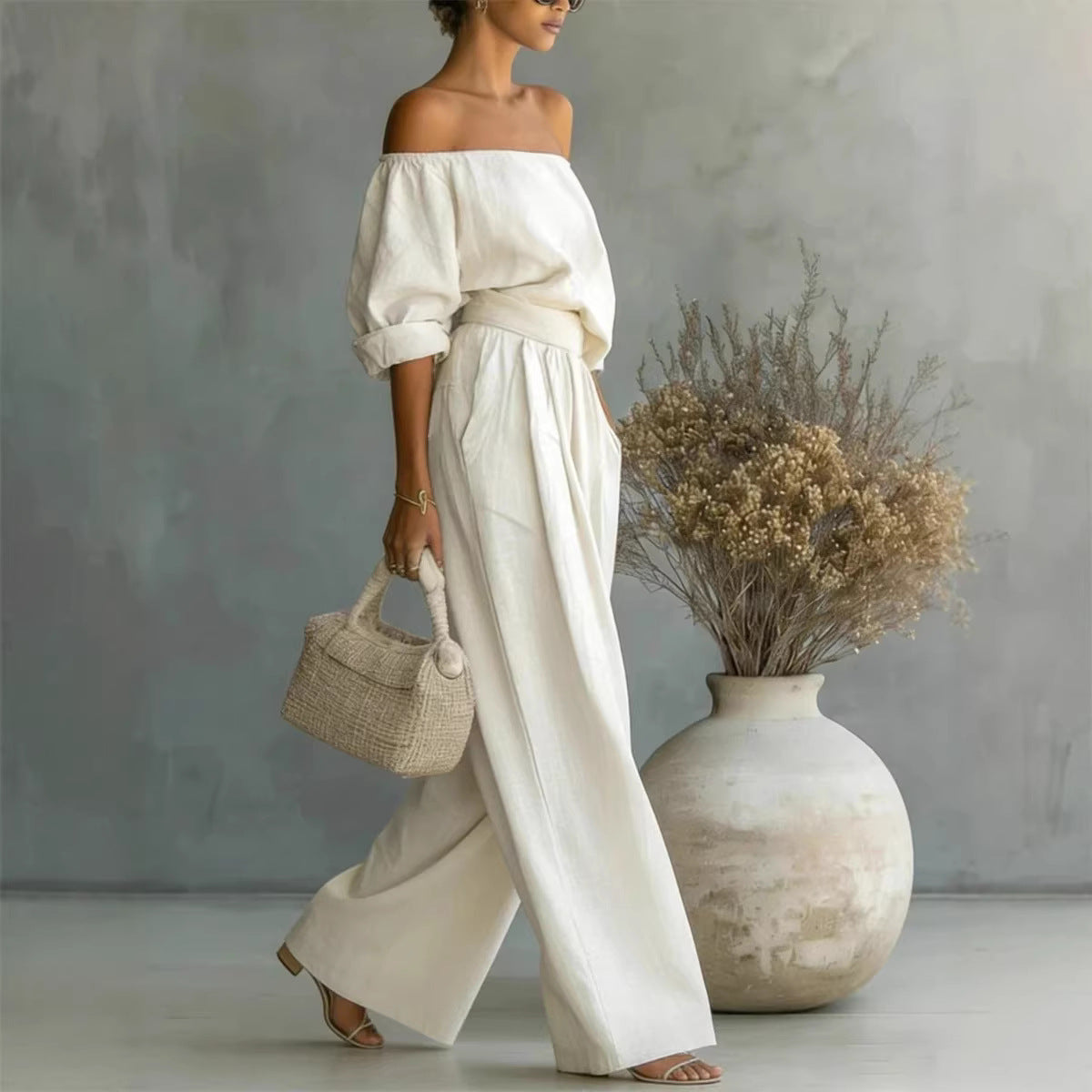 Women's Off-Shoulder Long-Sleeve Top & Wide-Leg Pants Two-Piece Set