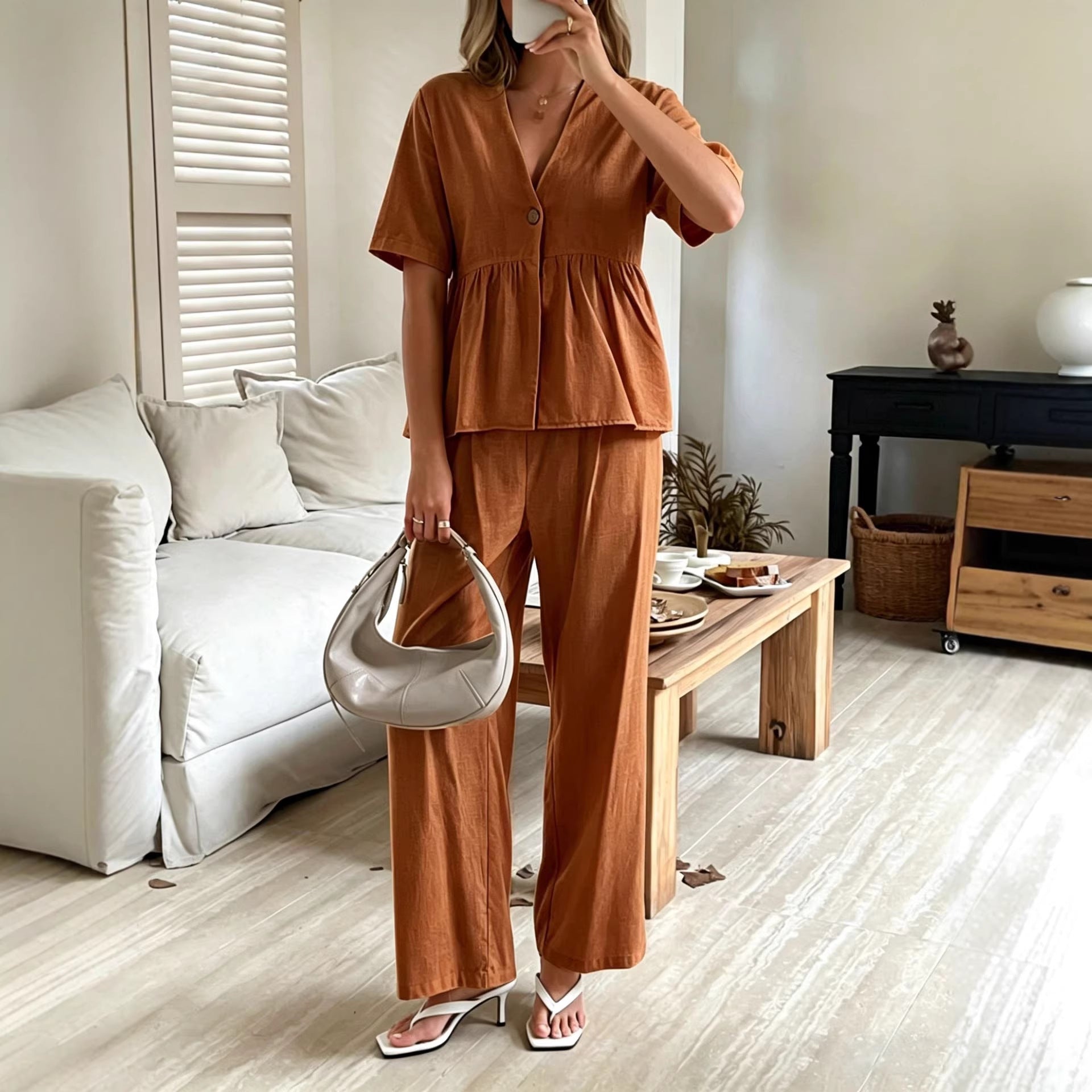 Women's V-Neck Loose Short-Sleeve Top & Wide-Leg Pants Set