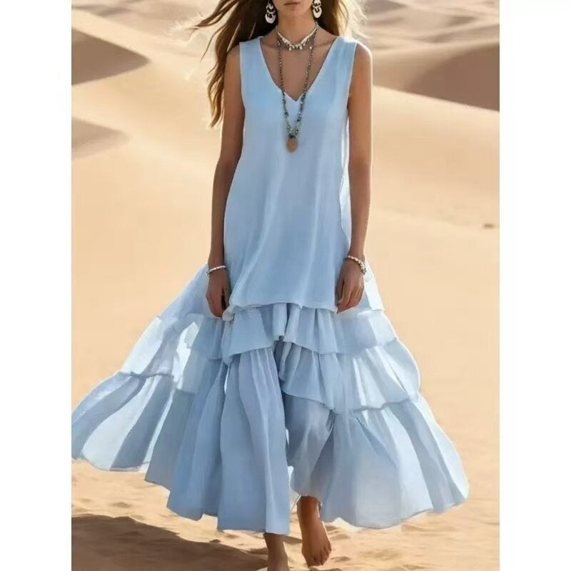 Loose Umbrella Skirt Sleeveless Maxi Dress | Cotton-Linen Style