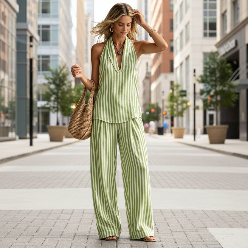 Women's Striped Sleeveless Top & Wide-Leg Pants Set – Fashionable 2-Piece