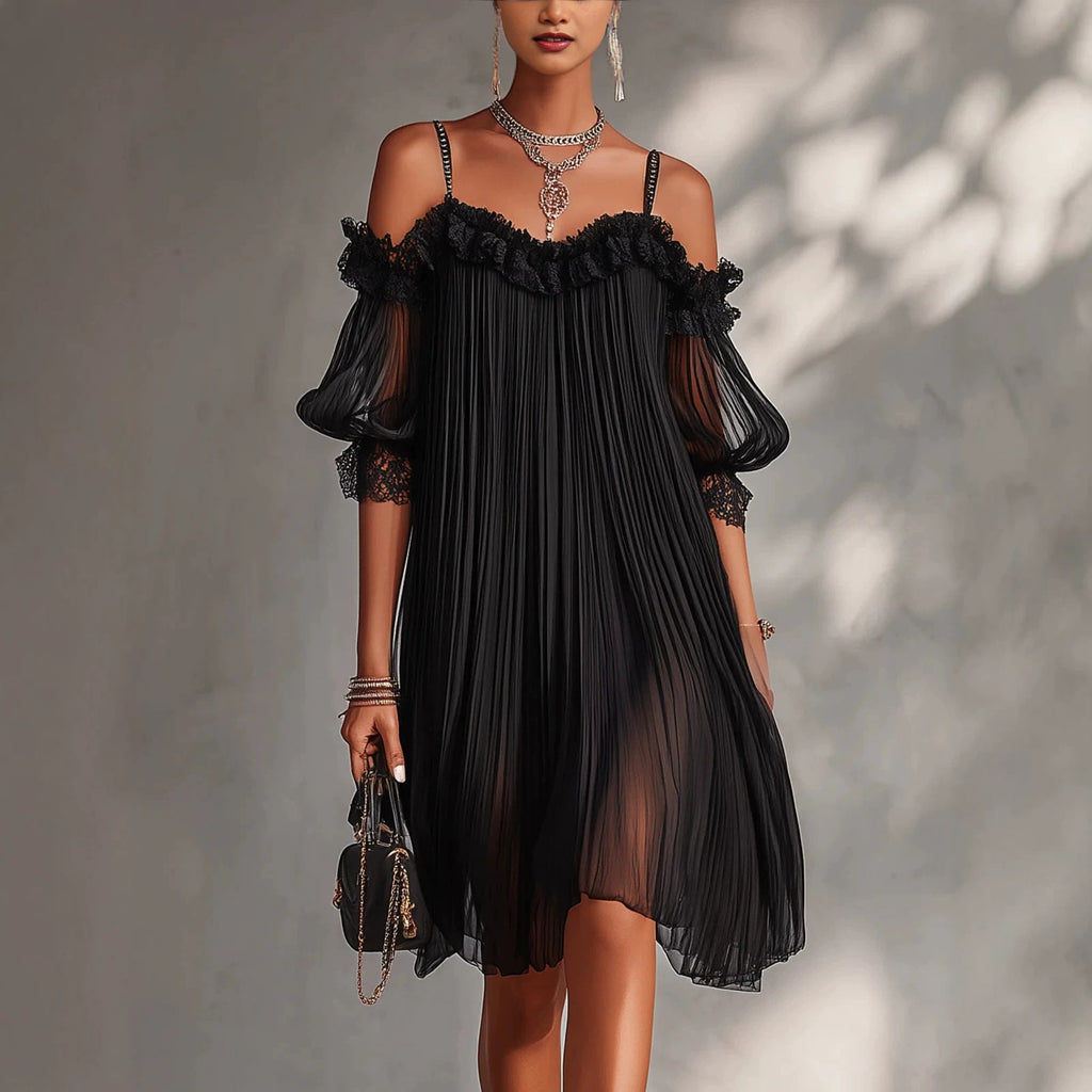 Women's Sexy Sheer Lace Spliced Strap Backless Irregular Mini Dress – Black