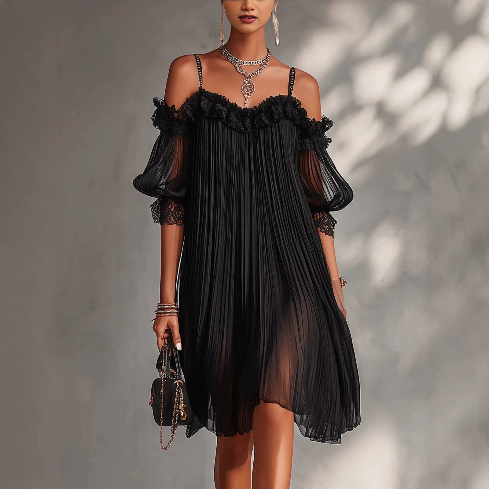 Women's Sexy Sheer Lace Spliced Strap Backless Irregular Mini Dress – Black