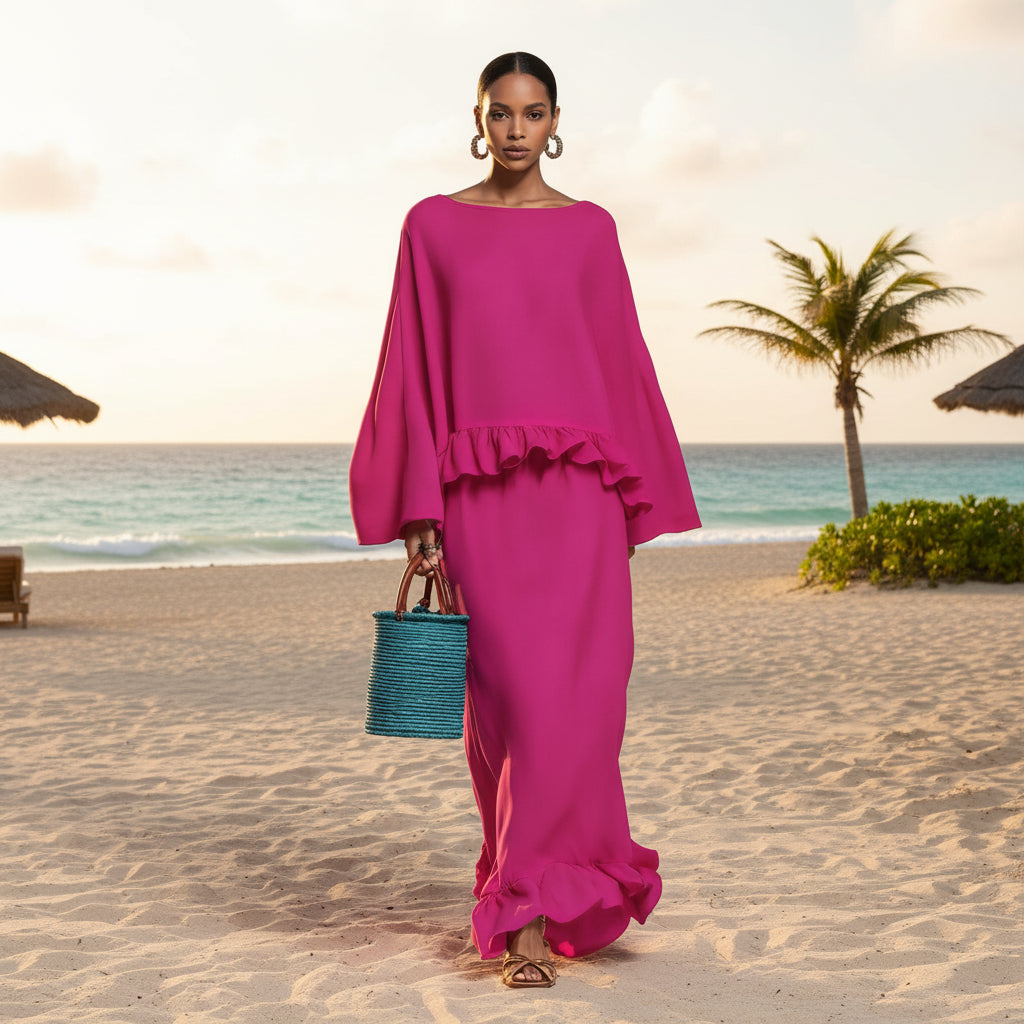 Women's Long Sleeve Top & Irregular Hem Skirt Set | Elegant Solid Color 2-Piece in 4 Colors