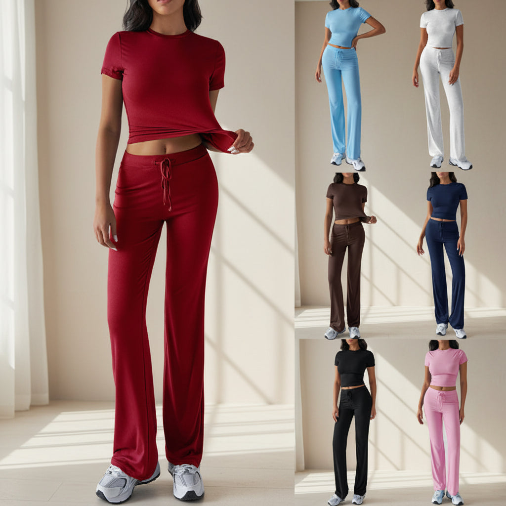 Crew Neck Short Sleeve Top & Full-Length Pants Set – Solid Color, 10 Colors