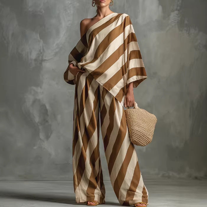 Women's Retro Striped Batwing Top & Wide-Leg Pants Set – Vintage 2-Piece