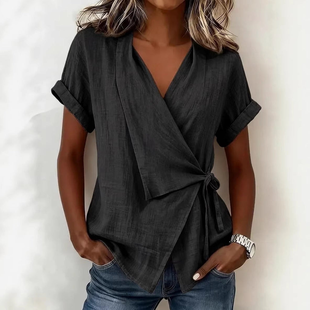 Women's Casual Lapel Collar Lace-Up Short-Sleeve Linen Top