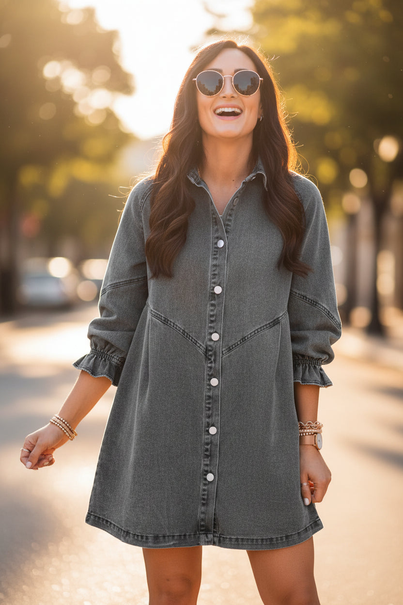 Women's Three-Quarter Sleeve Denim Dress – Ruffle Detail Mid-Length