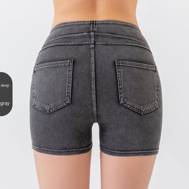 Denim-Look High-Waist Hip-Lifting Yoga Shorts – Slimming Tummy Control Fitness Shorts