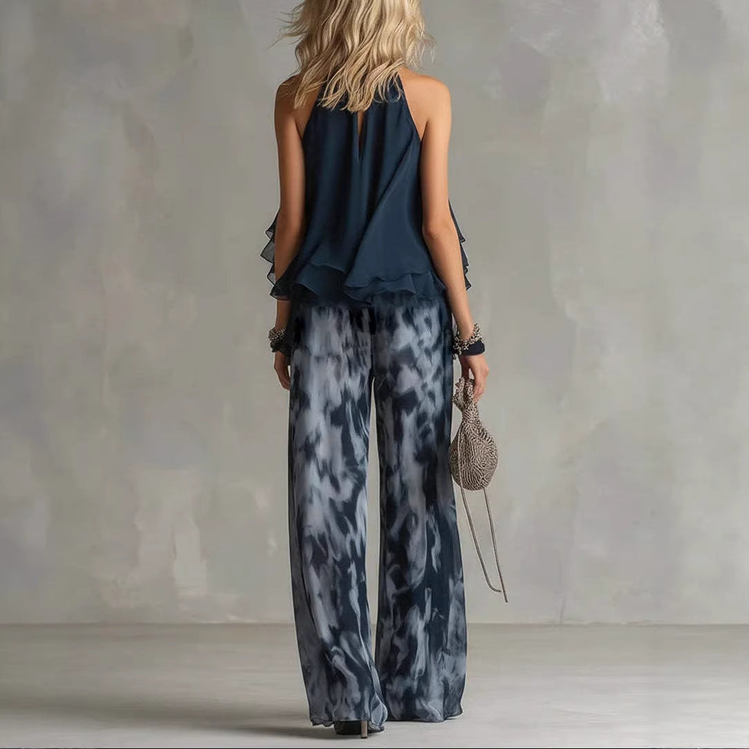 Women's Halter Neck Ruffle Chiffon Top & Tie-Dye Wide Leg Pants Set