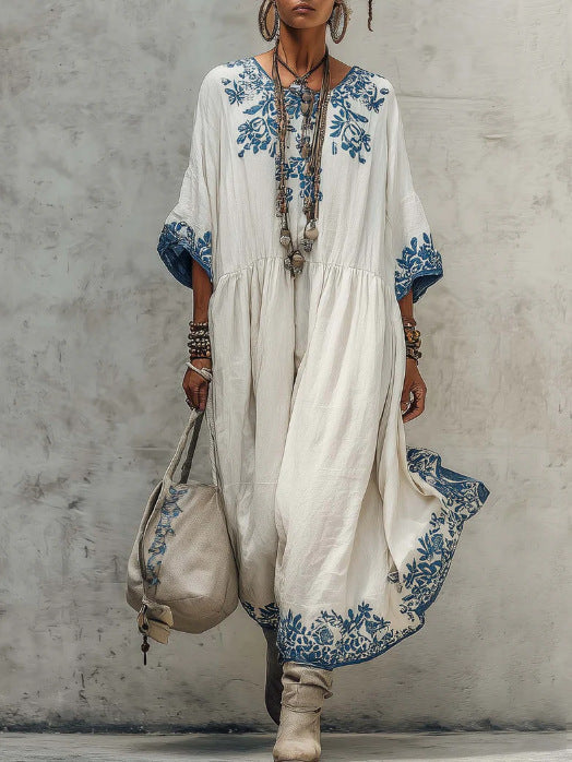 Women's Printed Batwing Sleeve Midi Dress – Loose Fit Linen Blend