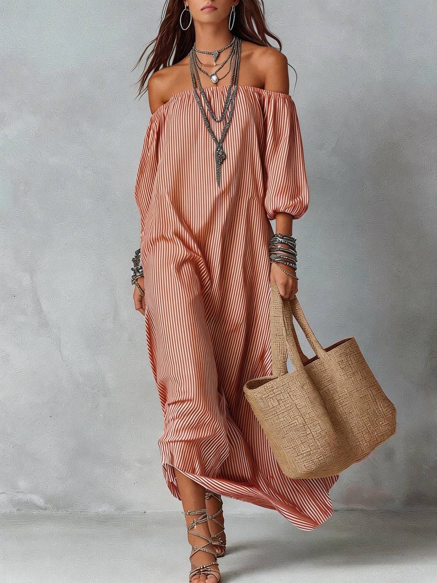 Women's Striped Loose-Fit Flared Maxi Dress – Holiday & Vacation