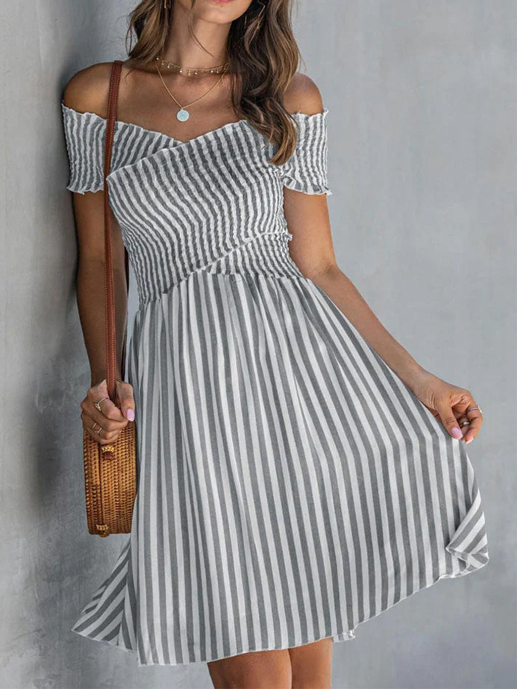 Women's Off-Shoulder Striped Waist-Cinching Midi Dress