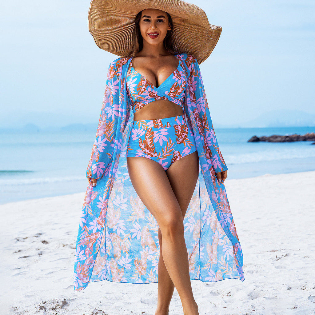 High-End Print Bikini Three-Piece Set – Padded Swimwear for Women