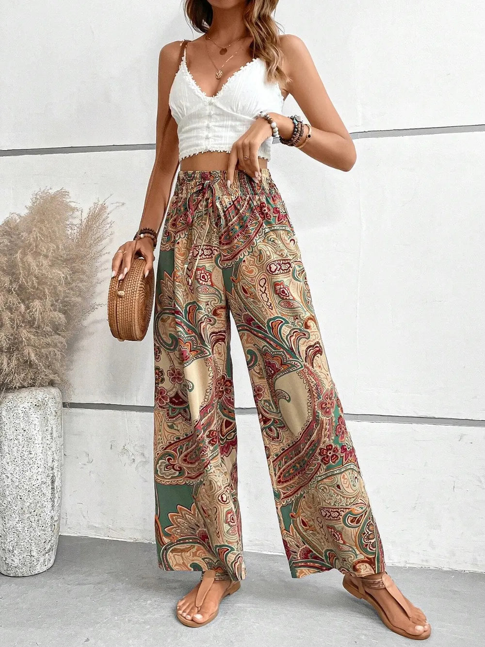 Women's Paisley Print Wide-Leg Pants – Boho Smocked Elastic Waist Tie-Up Flowy Trousers