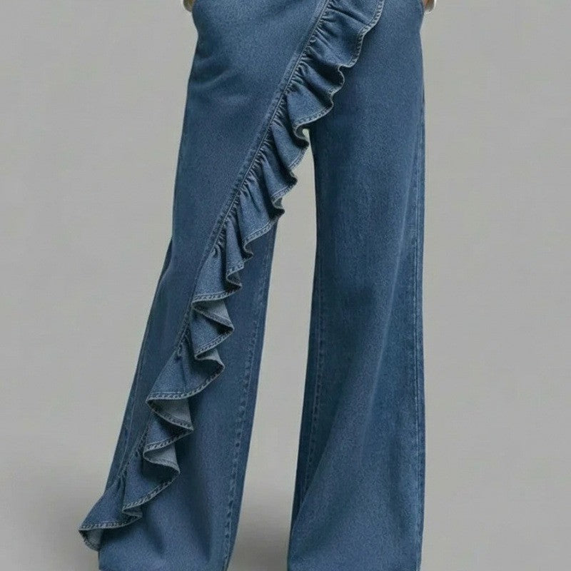 Women's Vintage Irregular Mid-Waist Slim Denim Jeans – Dark Blue, Light Blue, Black