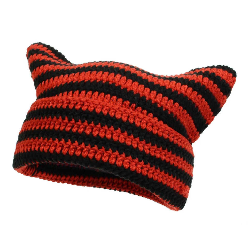 Women’s Hand Knitted Striped Cat Hat – Cute Warm Winter Beanie