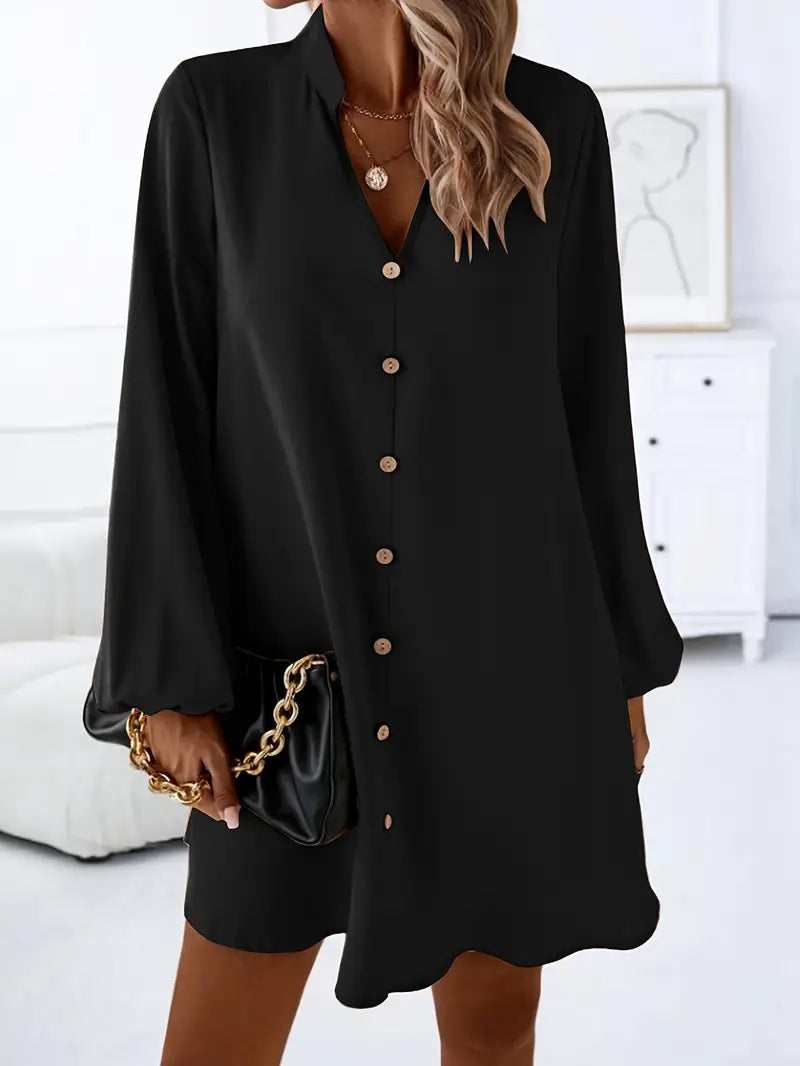 Women's V-Neck Long Sleeve Single-Breasted A-Line Dress