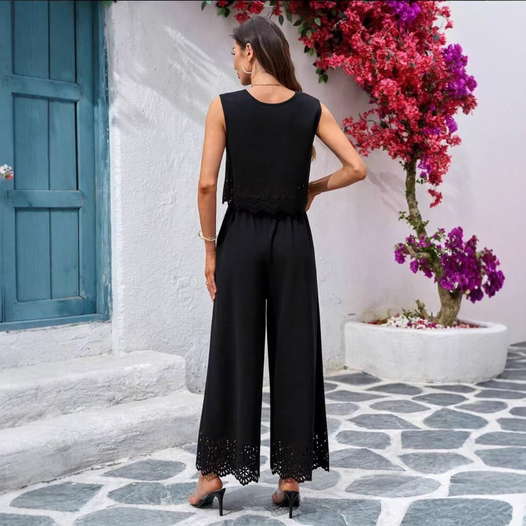 Women's Resort-Style Hollow-Out Tank Top & Pants Set – 2-Piece with Pockets