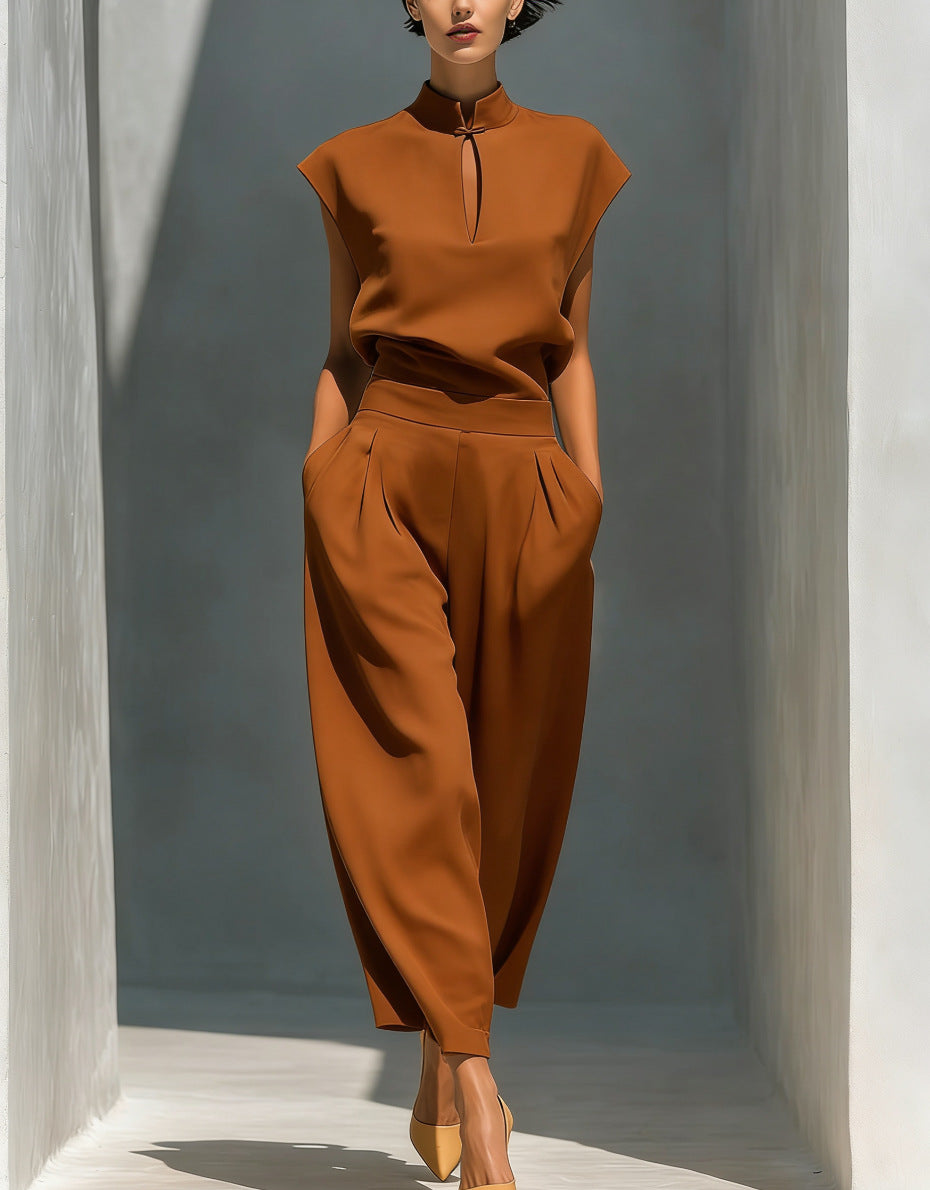 Women's Chinese-Style Satin Short-Sleeve Top & Pants Set