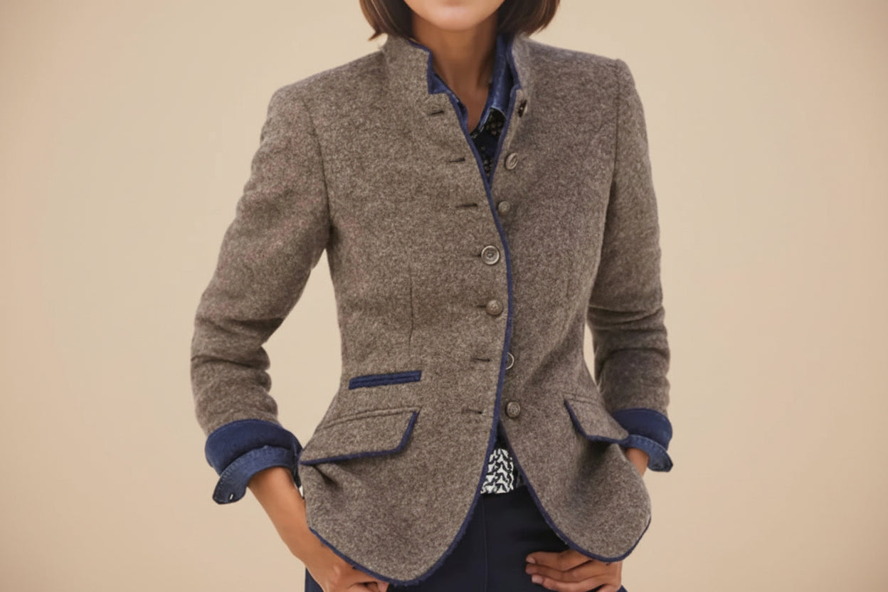 Women’s Color-Block Woolen Jacket – Multi-Button Casual Elegant Coat