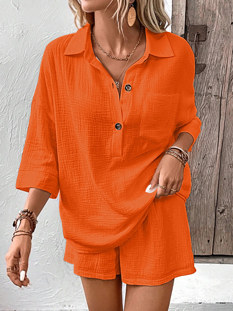Women's Lapel Collar Double-Panel Shirt & Shorts Two-Piece Set