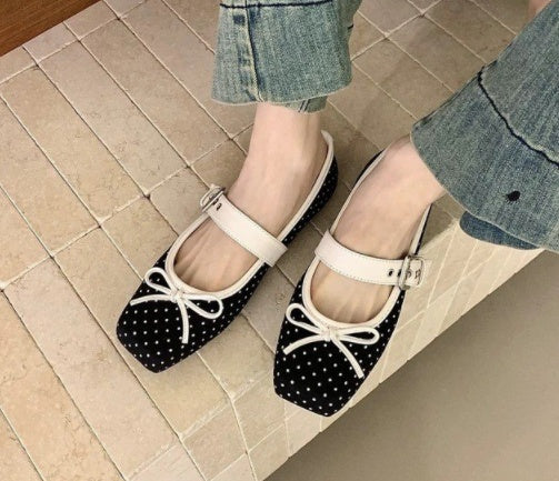 Polka Dot Bow Mary Jane Ballet Flats – Suede Slip-On