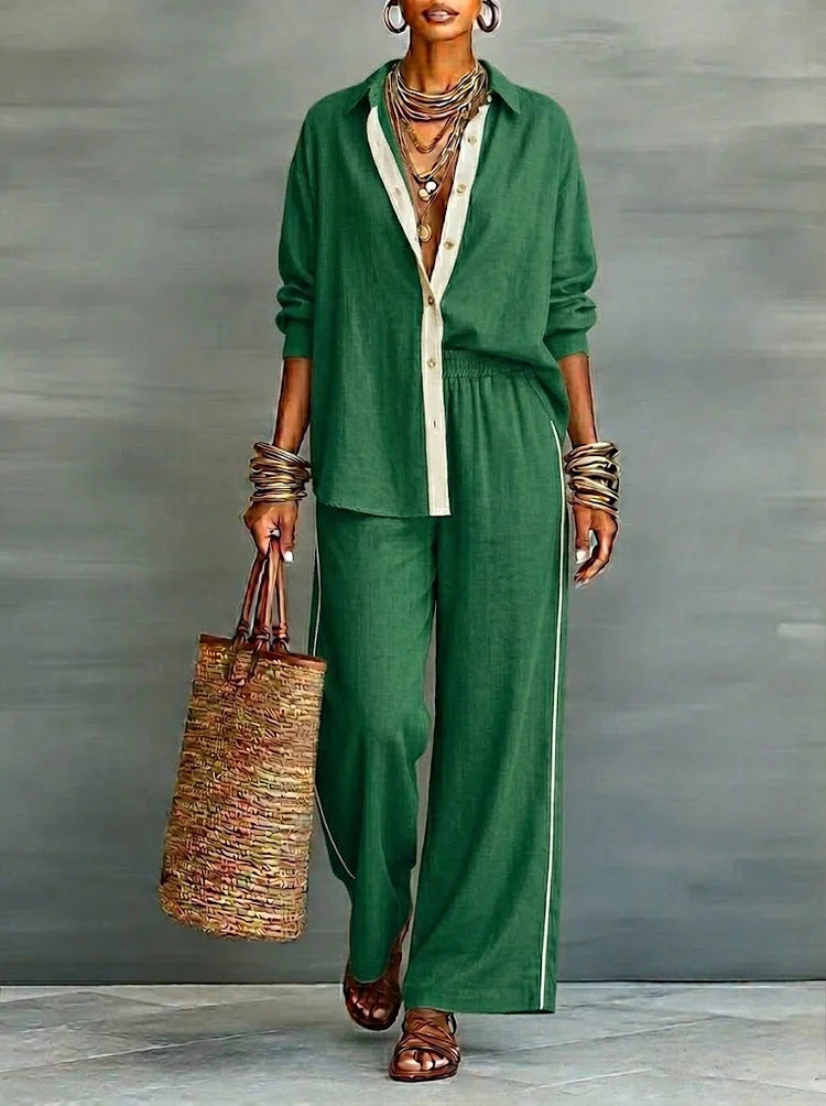 Contrast-Color Long-Sleeve Shirt & Pants Set – Two-Piece