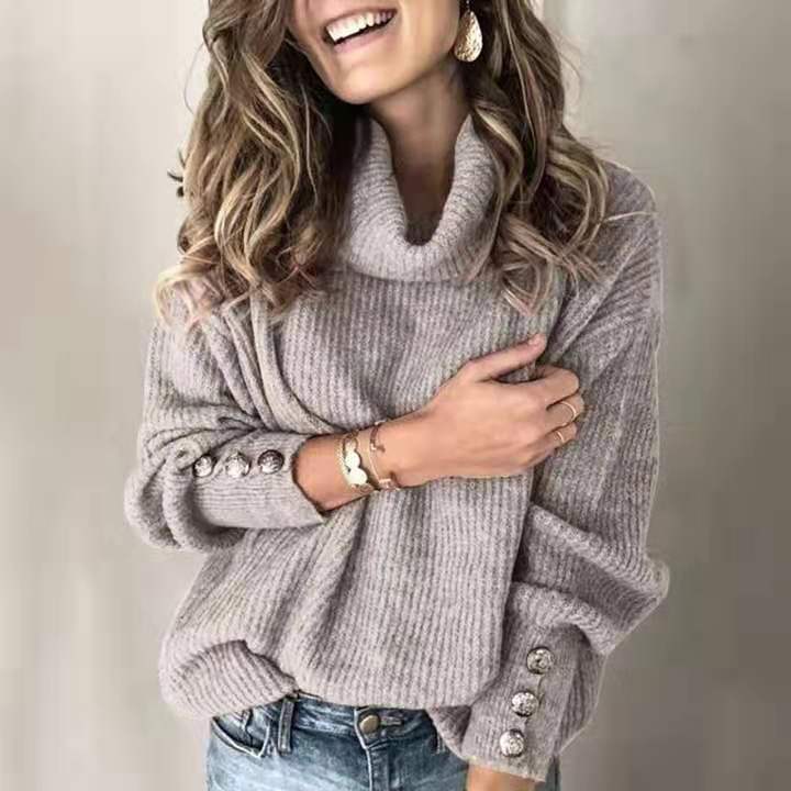 Women’s High Collar Knitted Sweatshirt – Long Sleeve Casual Pullover