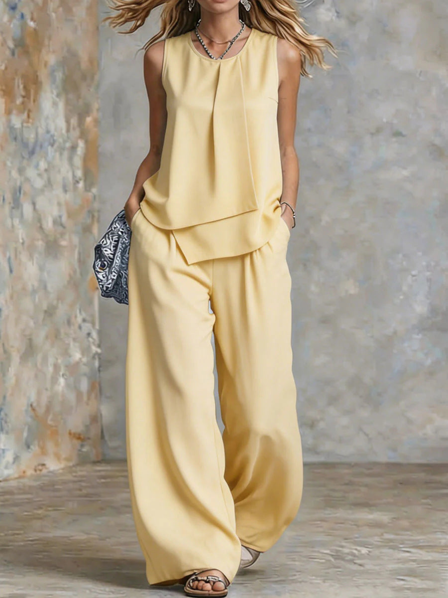 Women's Sleeveless Two-Piece Set – Solid Color Wide-Leg Pants & Top