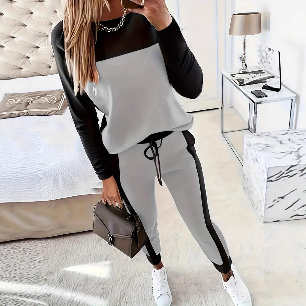 Women's Korean-Style Hoodie & Pants Two-Piece Set – Casual Patchwork