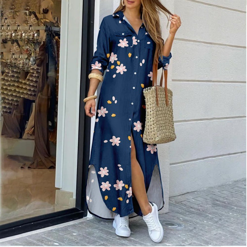 Women's Lapel-Collar Long Shirt Dress – Floral Print Midi Relaxed Fit