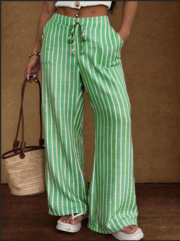 Women's Striped Wide-Leg Trousers – Lace-Up Elastic Waist Loose Fit