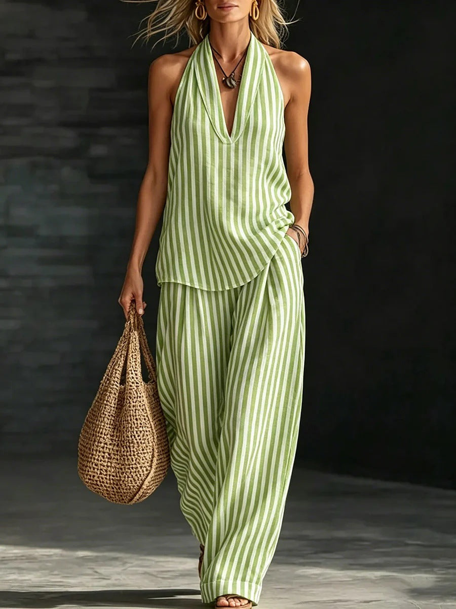Women's Striped Sleeveless Top & Wide-Leg Pants Set – Fashionable 2-Piece