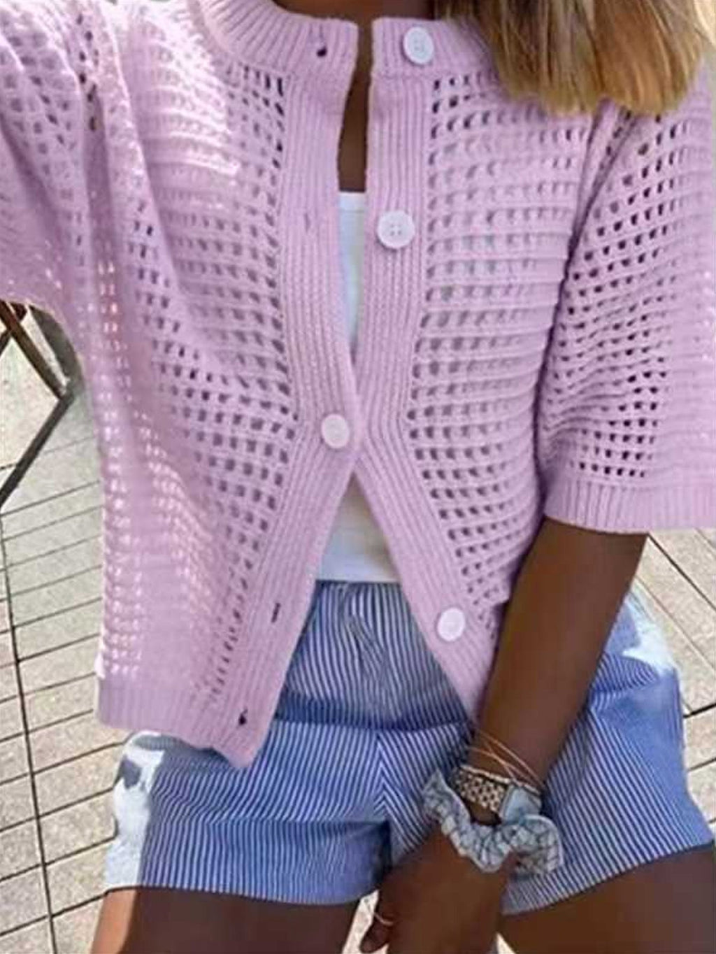 Women's Hollow-Out Knit Cardigan – Open Front, Short Sleeve, Solid Color