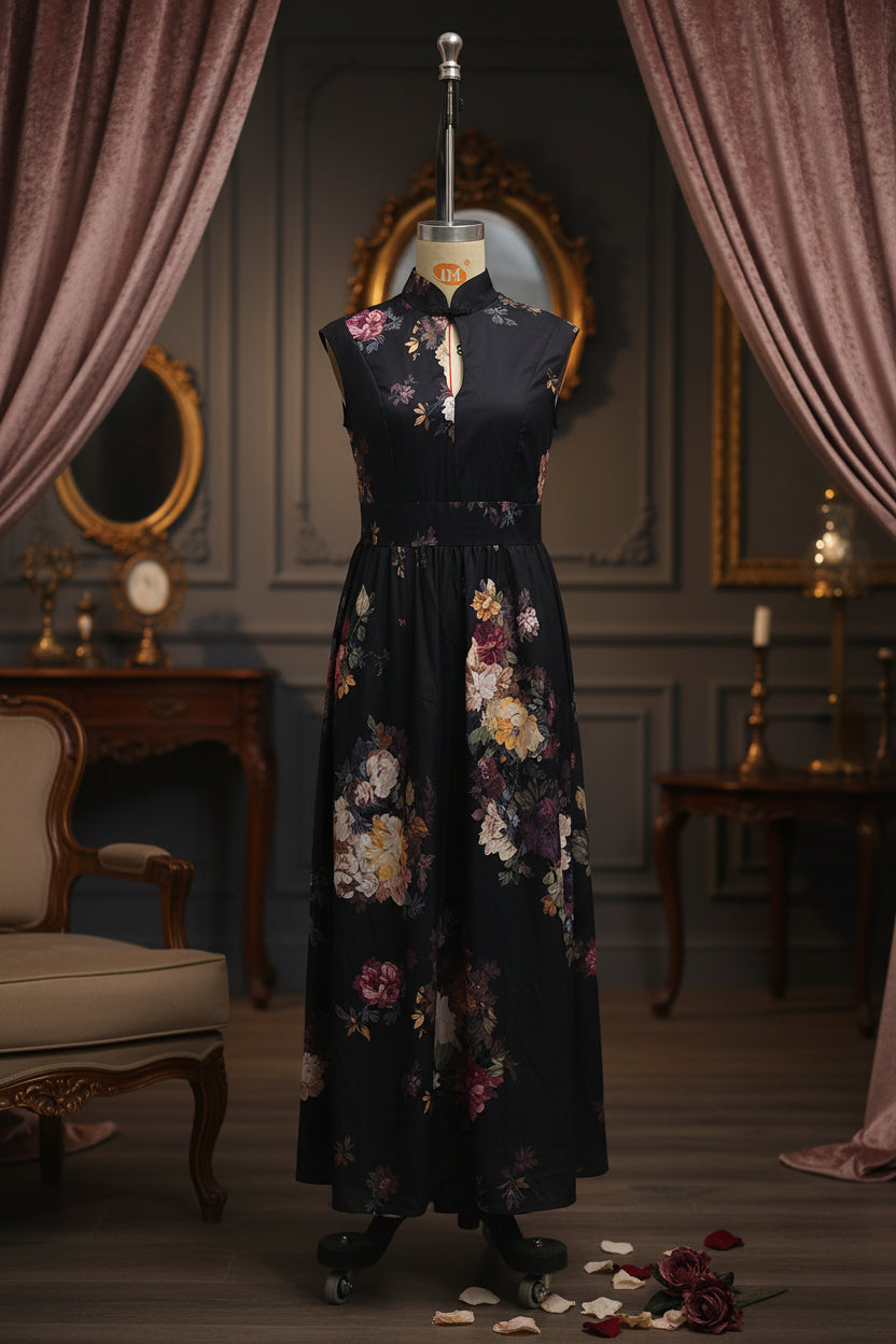 Women's Black 3D Floral Print Mandarin Collar Sleeveless Maxi Dress
