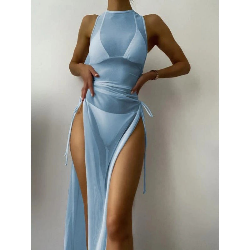 Women's Solid Color Three-Piece Bikini Set with Maxi Dress Cover-Up