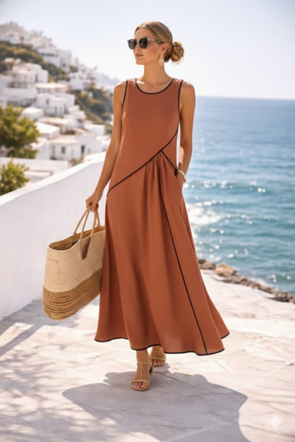 Mediterranean Contrast Color Vacation Dress – 7 Colors, S–3XL