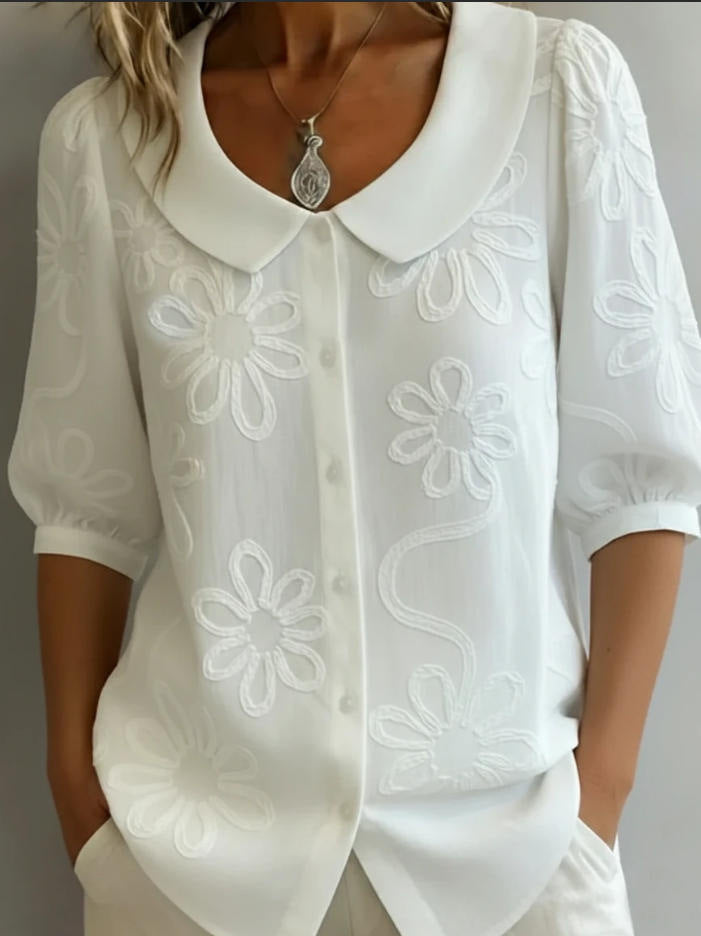 Women's Loose-Fit Retro 3D Embroidered Floral Shirt – Buttoned Casual Top