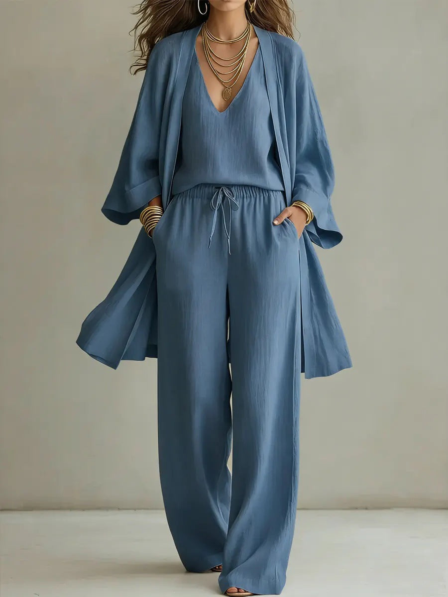 Women's V-Neck Cardigan Coat, Pocket Vest & Long Pants Three-Piece Set