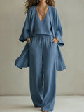 Women's V-Neck Cardigan Coat, Pocket Vest & Long Pants Three-Piece Set