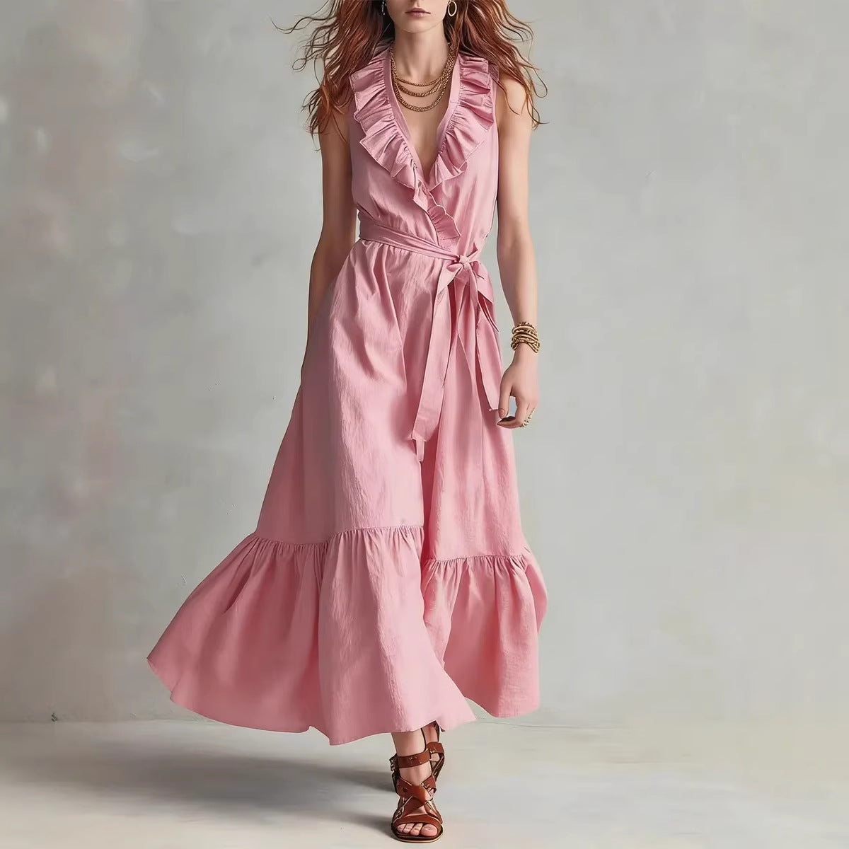 Women's V-Neck Sleeveless Lace-Up Panelled Maxi Dress – Wide Flare