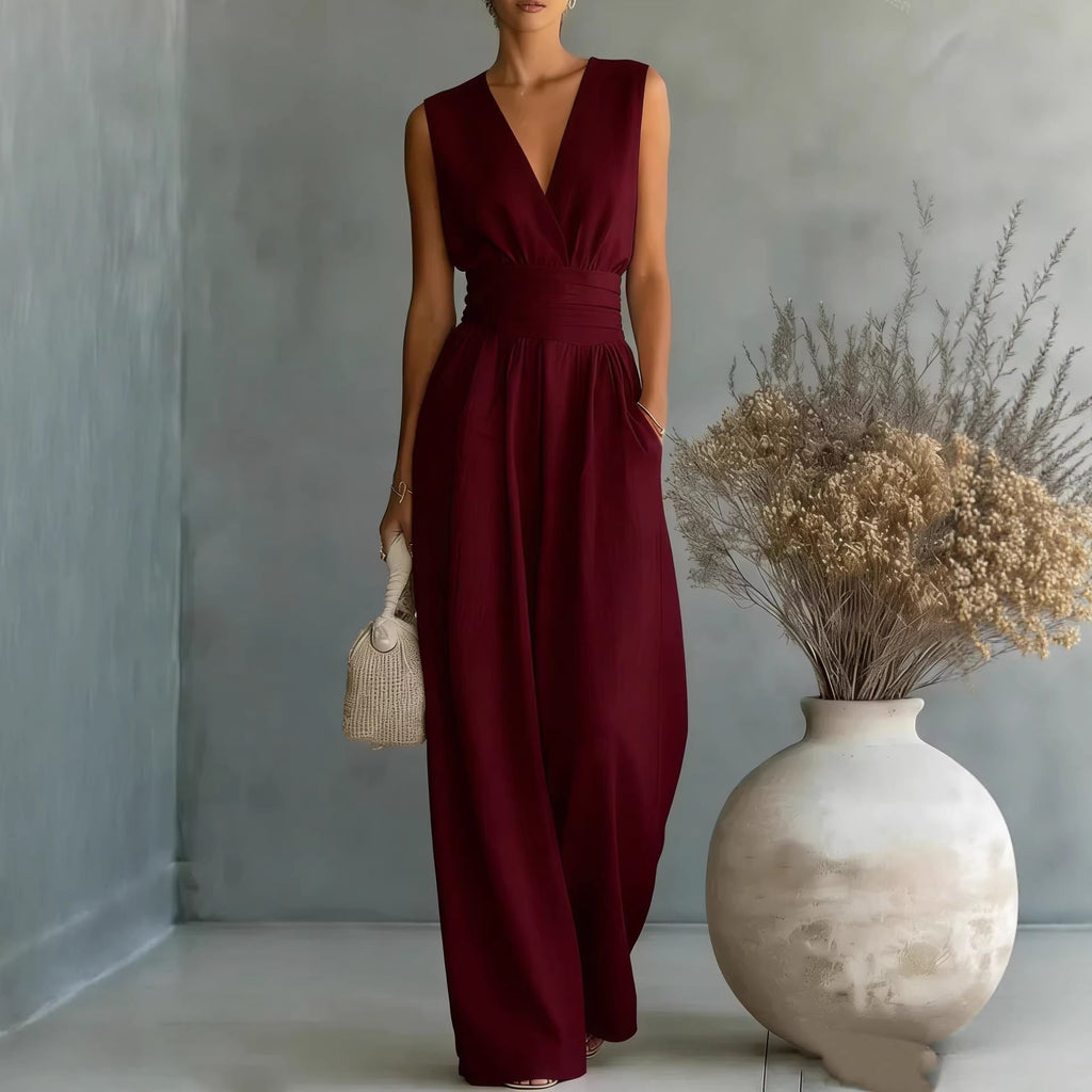 Women's Elegant V-Neck Sleeveless Jumpsuit – Waist-Cinching Straight Leg