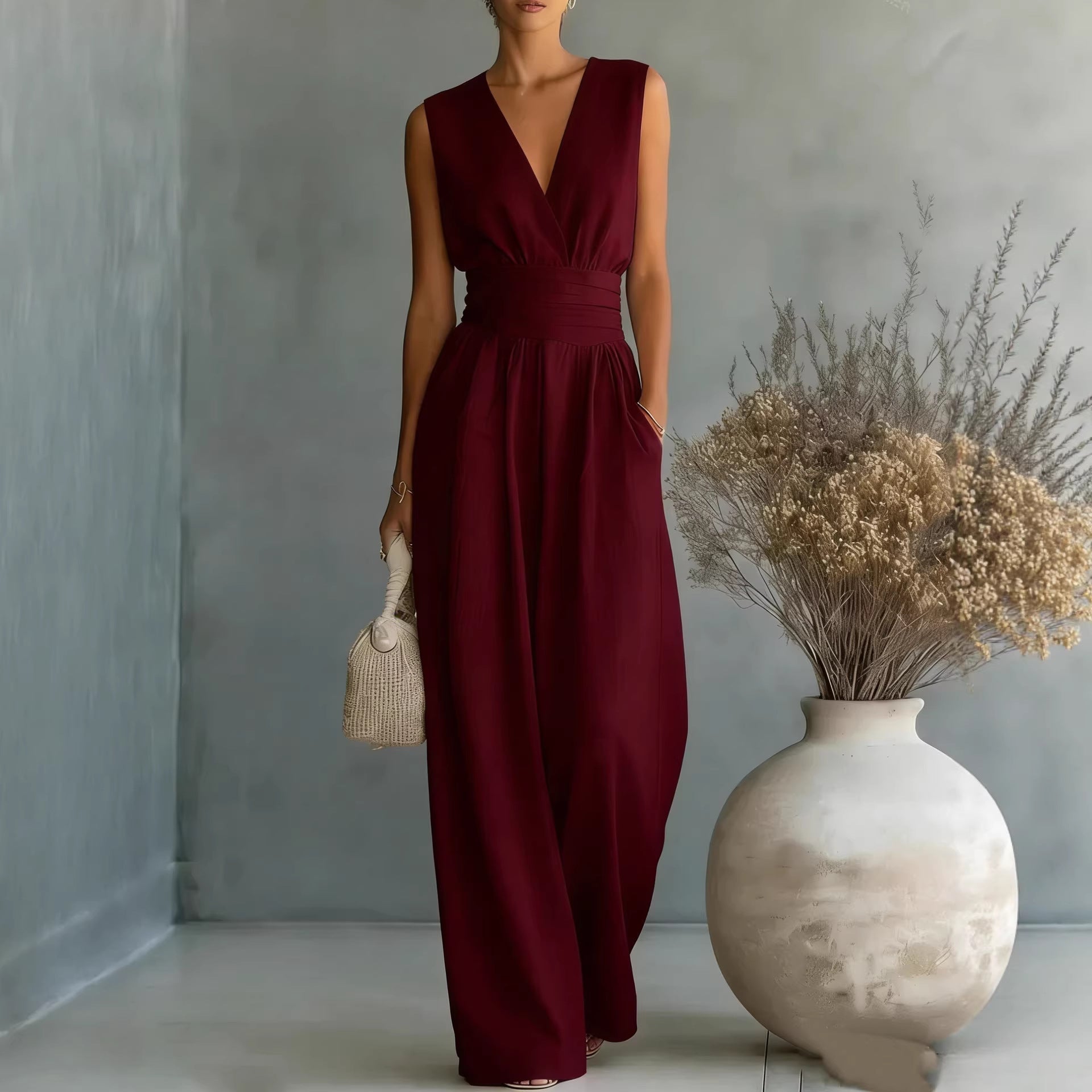 Women's Elegant V-Neck Sleeveless Jumpsuit – Waist-Cinching Straight Leg