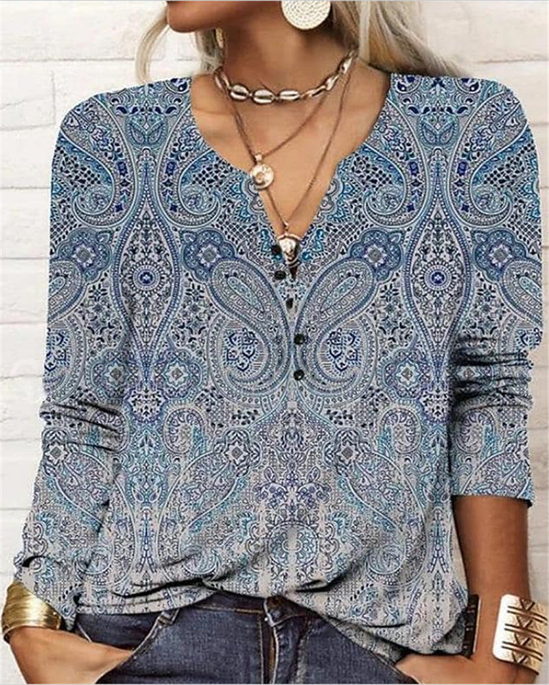 Women's Ethnic Print V-Neck Long Sleeve Loose T-Shirt