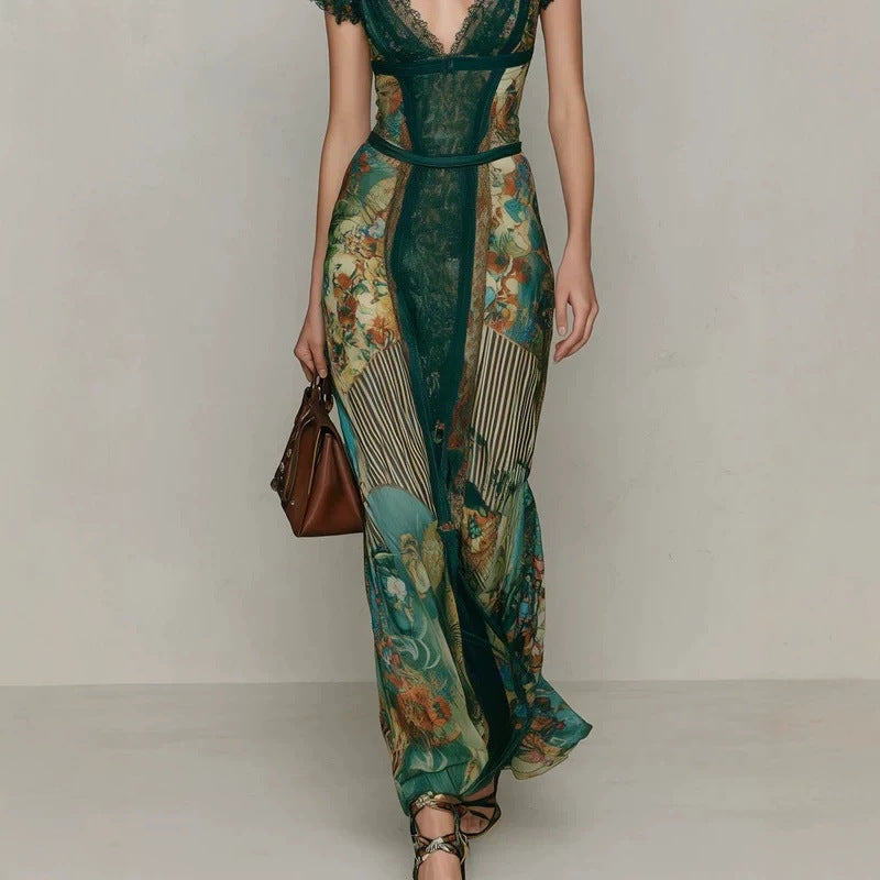 Women's Vintage Lace V-Neck Short Sleeve Oil Painting Print Fishtail Maxi Dress – Dark Green